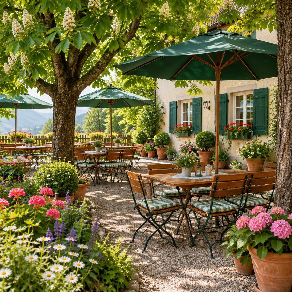 Gastgarten mit grünen Sonnenschirmen unter alten Bäumen