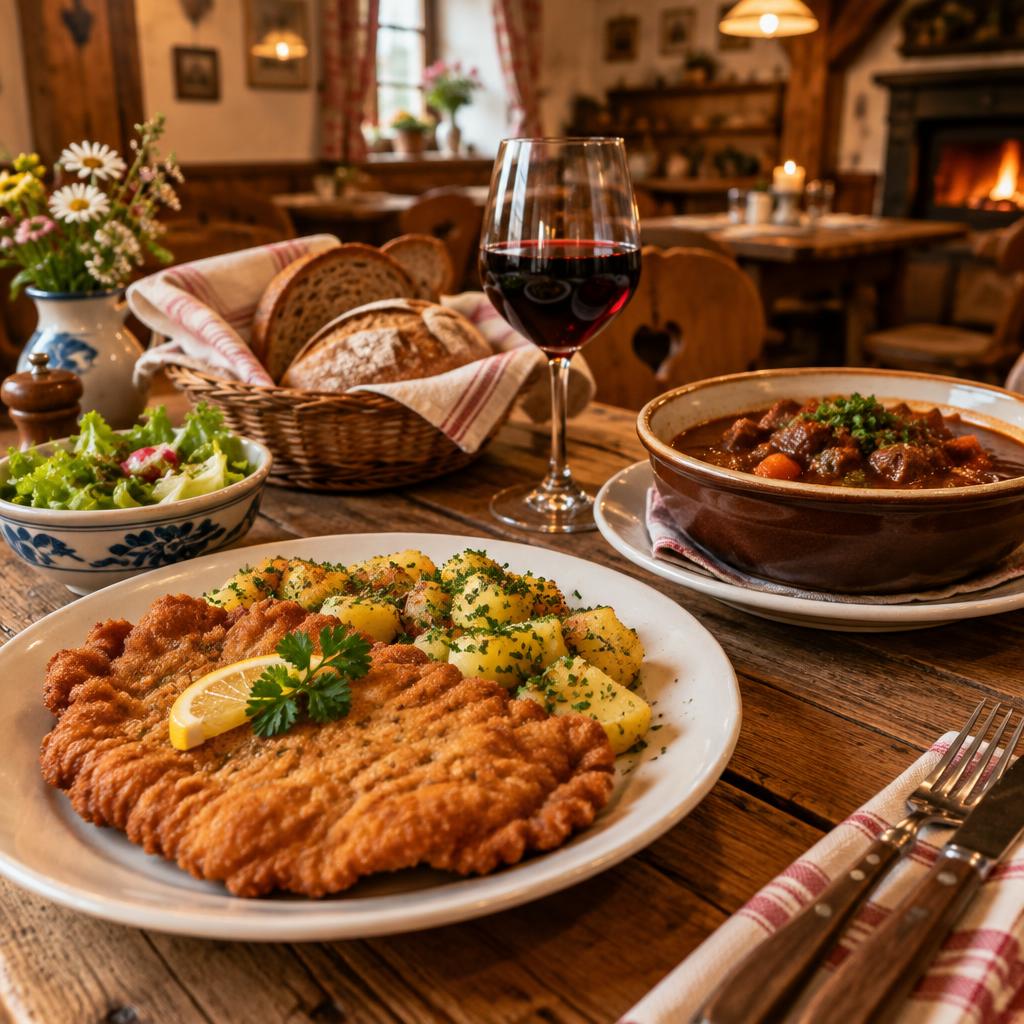 Hausmannskost: Schnitzel mit Erdäpfeln und ein Glas Rotwein